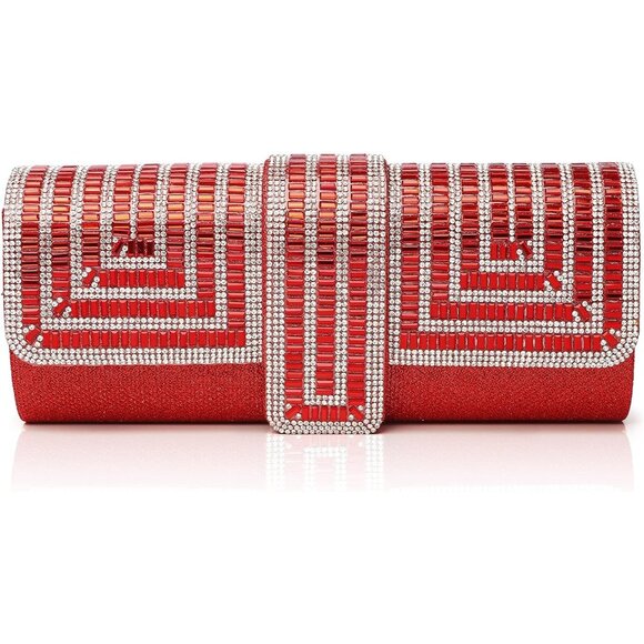 Womens Red Crystal Sparkly Evening Clutch Purse with Rhinestones Wedding - Picture 1 of 6